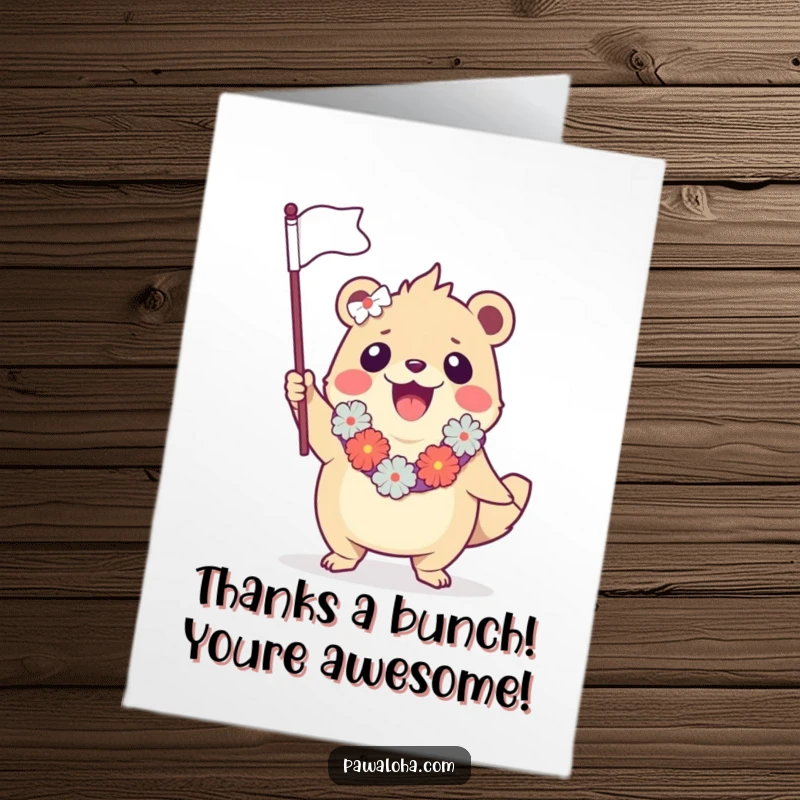 Funny Free Printable Thank You Card: Leis creature waving a flag with enthusiasm, perfect for a downloadable DIY gift.