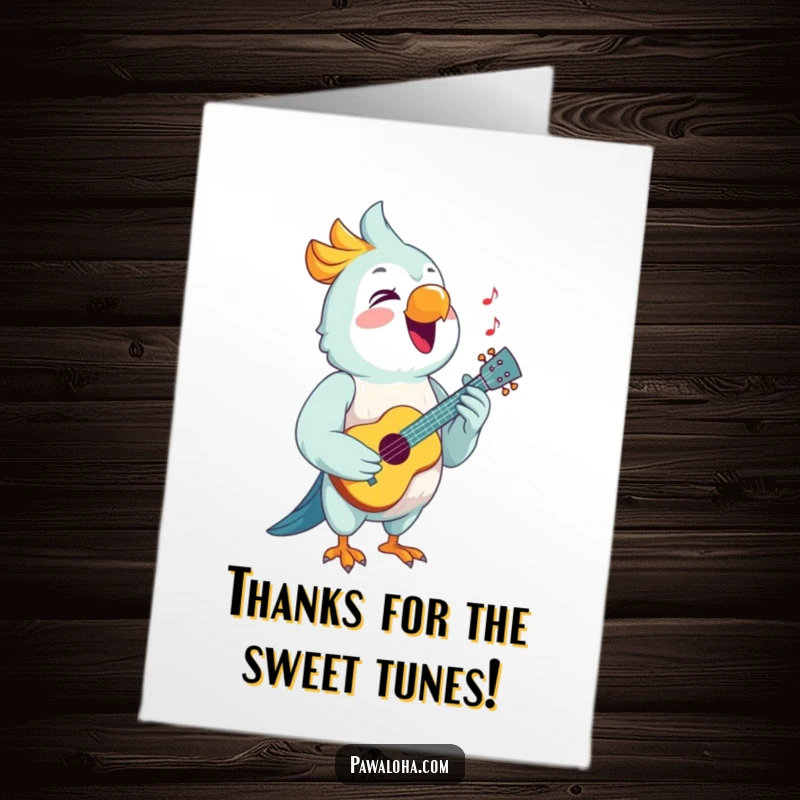 Funny Free Printable Thank You Card: A happy parrot holds a ukulele and sings a tune of gratitude, spreading joy.