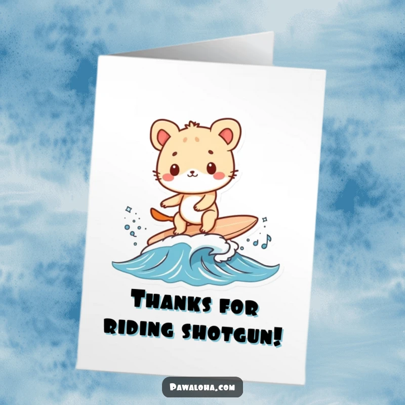 Funny Free Printable thank you card of a playful animal riding a tiny surfboard on a small wave, looking stoked.