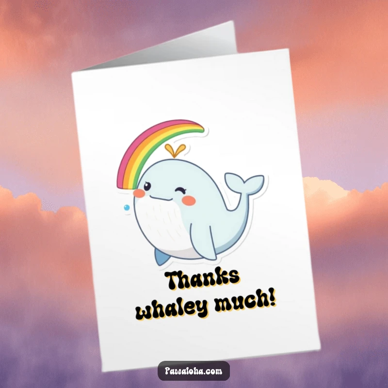 Funny Free Printable Thank You Card with a joyful whale spouting a rainbow, perfect for expressing sincere thanks.