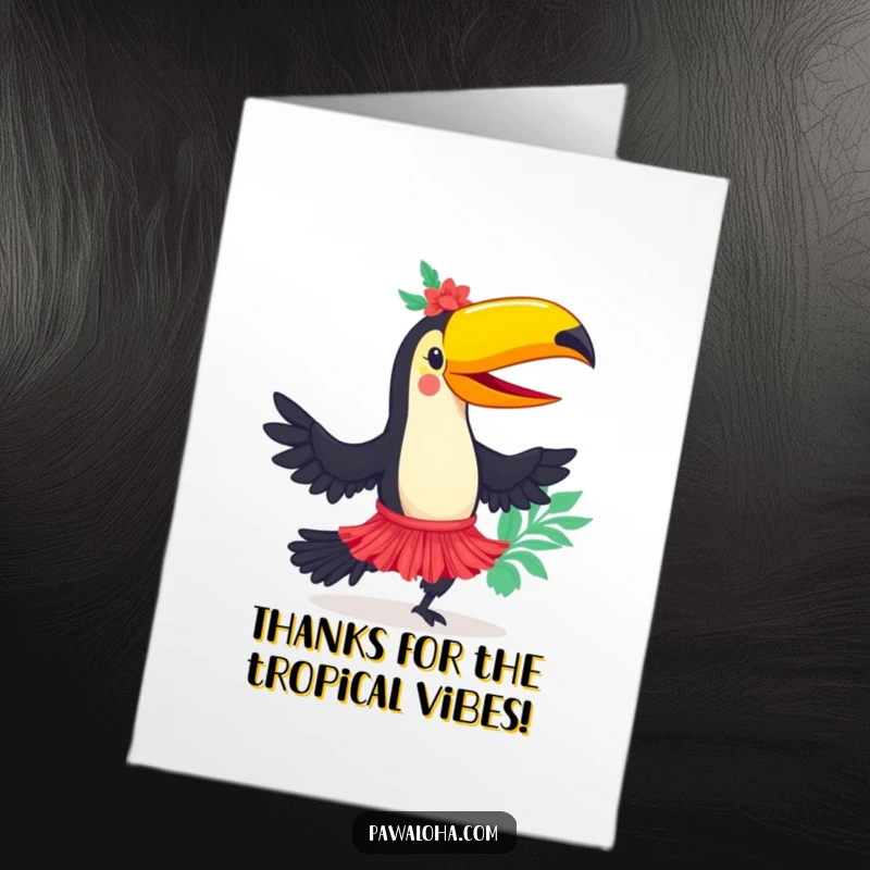 Funny Free Printable Toucan Thank You Card: Toucan in a hula skirt showing appreciation with a dance. Tropical downloadable art.