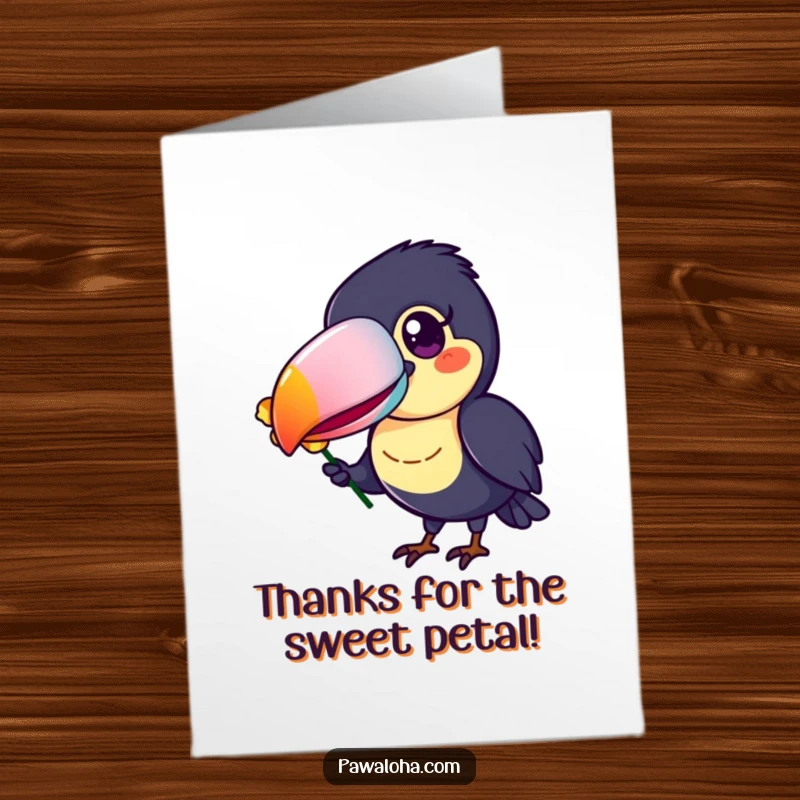 Funny Free Printable Thank You Card: a cheerful toucan extends a flower petal from its vibrant, colorful beak, a delightful thank you.