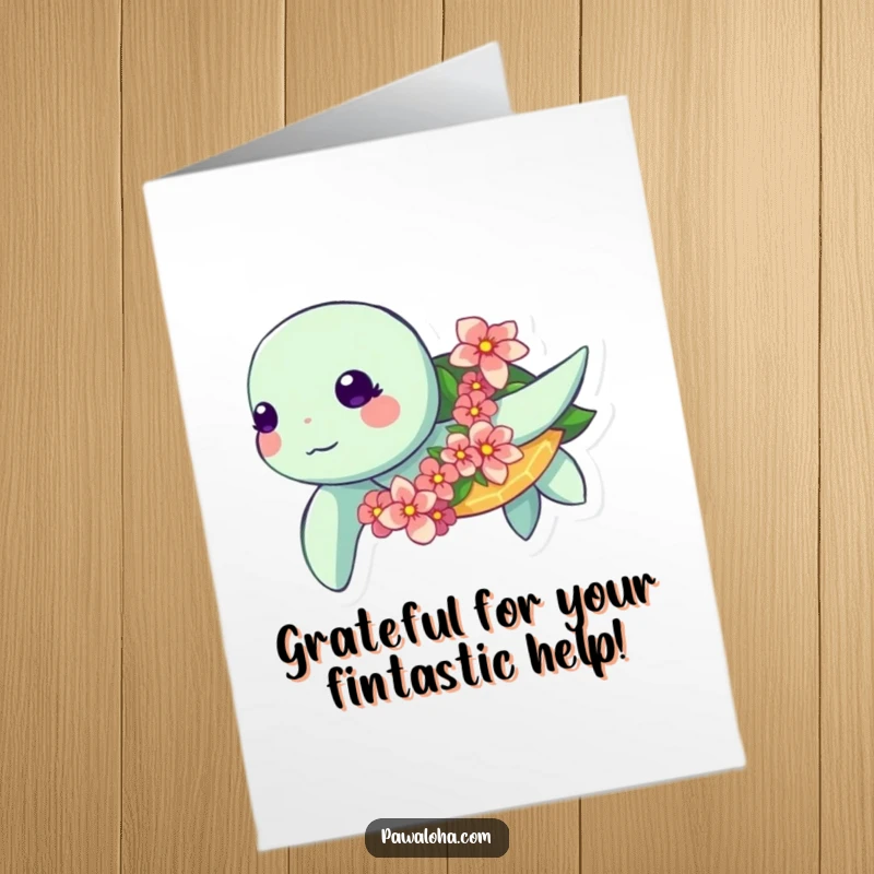 Funny Free Printable Thank You Card: Kawaii sea turtle swimming with a vibrant flower garland, conveying thanks.