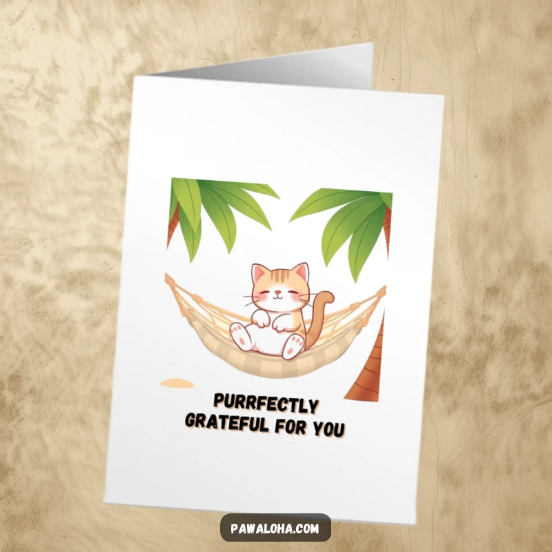 Funny free printable thank you card: A cat lounging in a hammock between palm trees sends a chill thank you.
