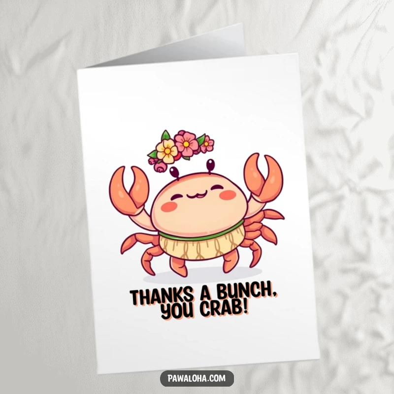 Funny Free Printable Thank You Card: Kawaii crab doing a happy hula dance, claws raised in thanks.