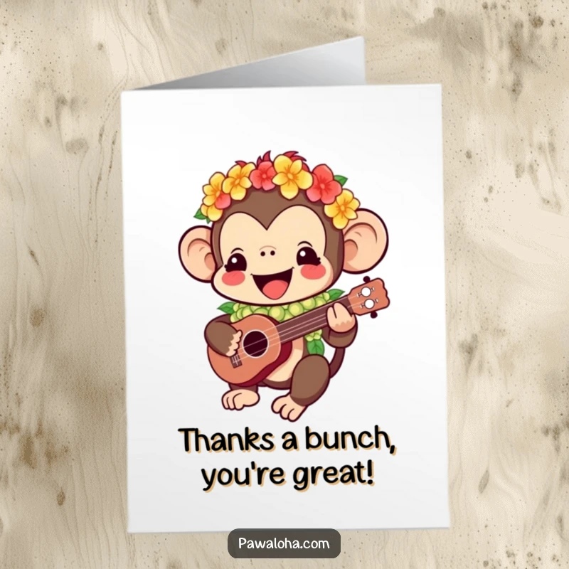 Funny Free Printable Thank You Card: Kawaii monkey with a lei playing ukulele, happily expressing thanks.