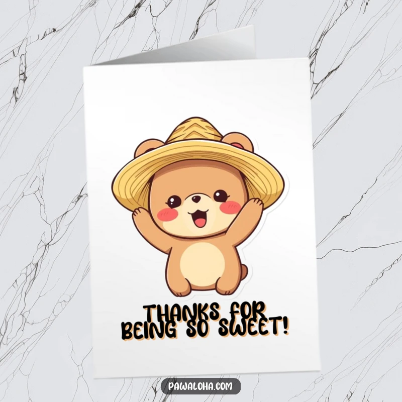 Funny Free Printable Thank You Card: A delighted bear character puts on a straw hat with a smile.