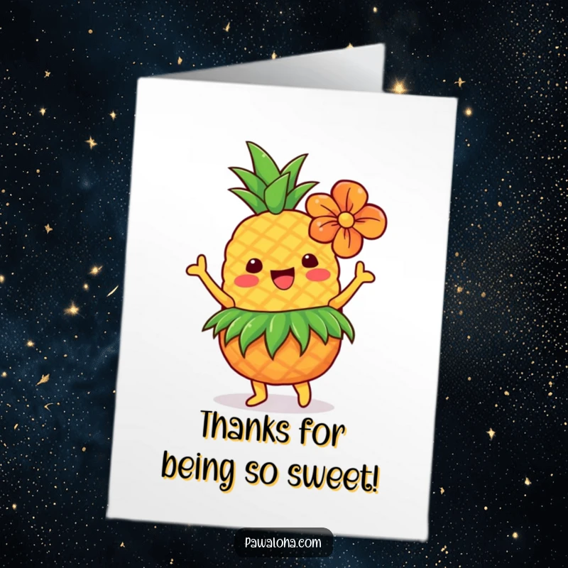 Funny free printable thank you card showing a dancing pineapple with a grass skirt and flower.