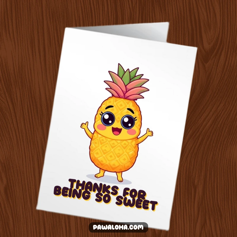 Funny Free Printable Thank You Card: A happy pineapple with googly eyes dances the samba, expressing thanks with flair.