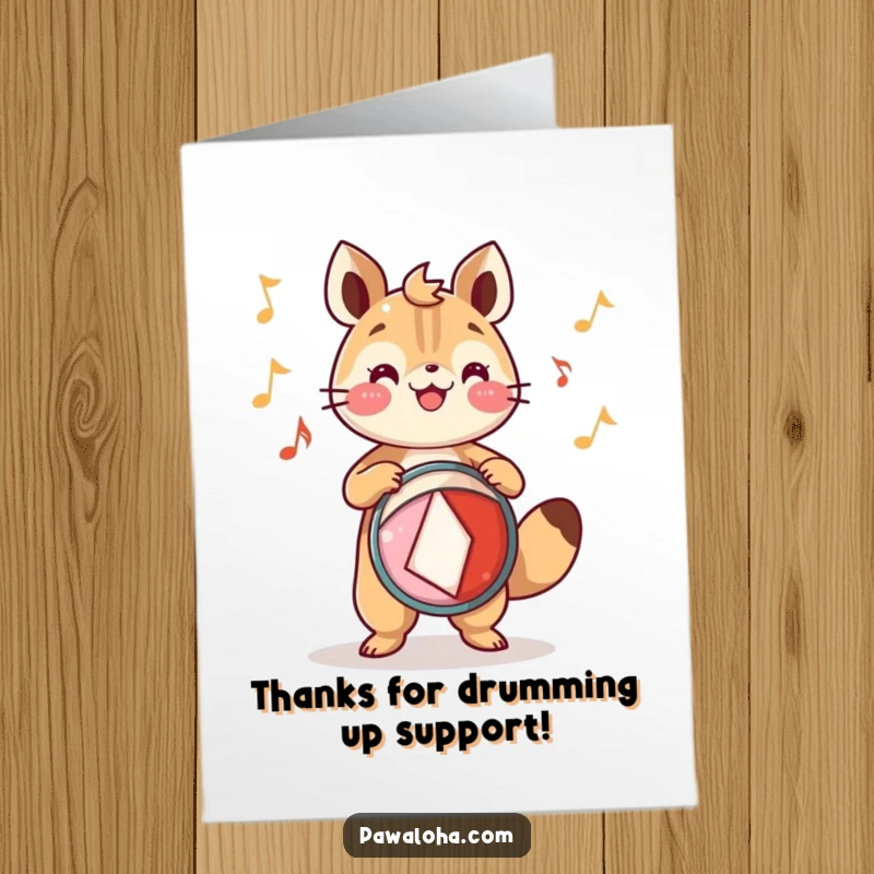 Funny Free Printable Thank You Card: Animal playing a festive drum with a joyful expression, a rhythmic thanks.
