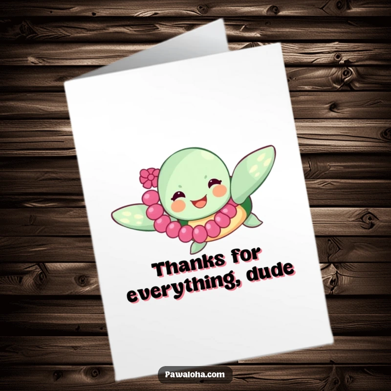 Funny Free Printable Thank You Card: A cute sea turtle with a lei, swimming blissfully, expressing thanks with a smile.