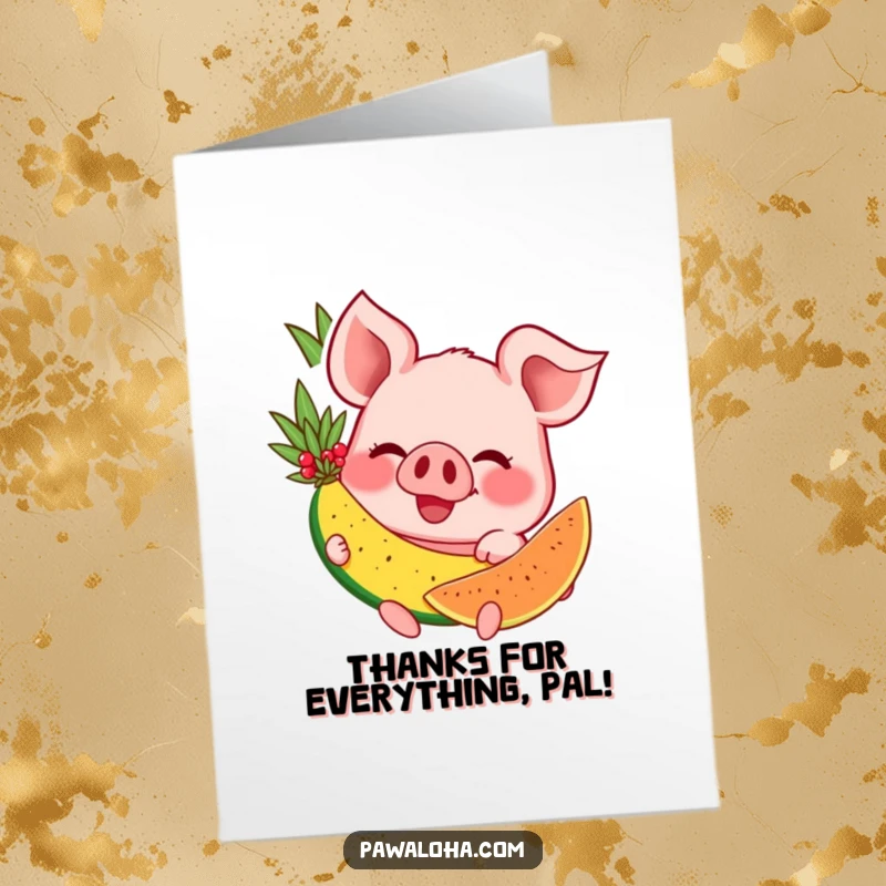 Funny Free Printable Thank You Card: A happy pig grins widely while savoring a delicious tropical fruit.