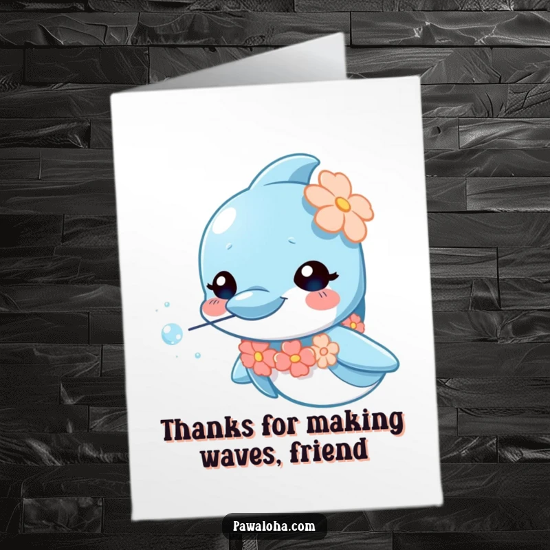 Funny Free Printable Thank You Card: A curious dolphin in a lei blowing sparkly bubbles, expressing gratitude with humor.