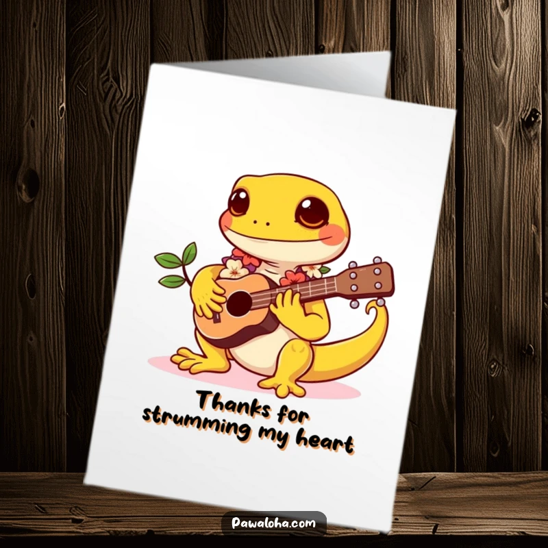 Funny Free Printable Thank You Card: A kawaii gecko playing a ukulele, a musical thank you, a delightful downloadable gift.