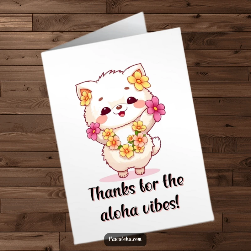 Funny Free Printable thank you card of a fluffy animal wearing a flower lei, dancing to express heartfelt gratitude.