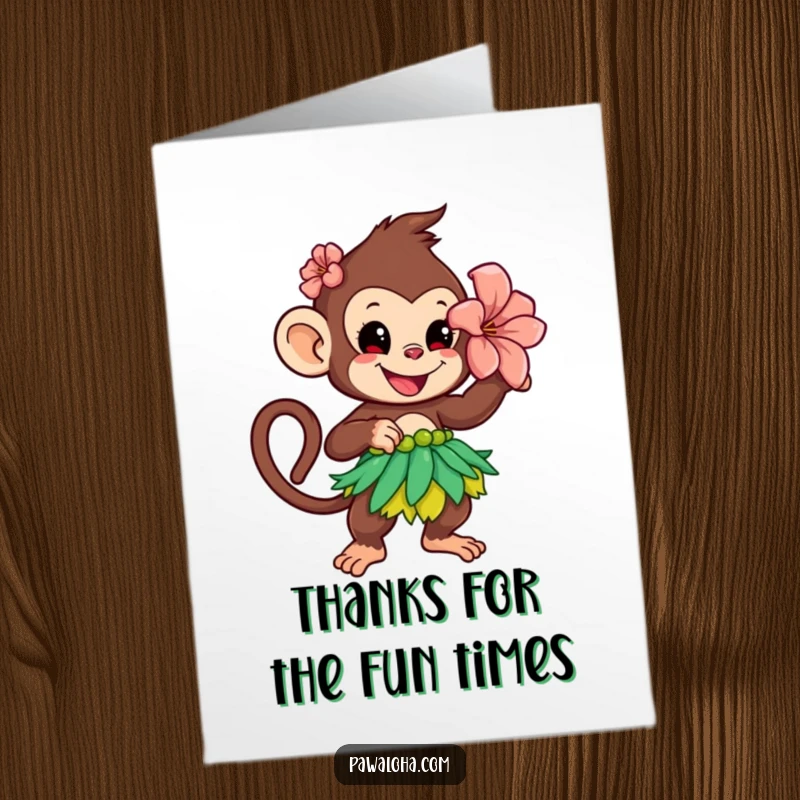 Funny Free Printable Thank You Card: A playful monkey with a flower behind its ear does a hula dance, expressing thanks with rhythm.