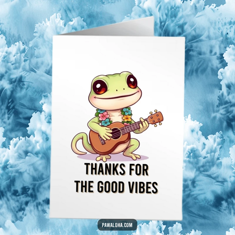 Funny Free Printable Thank You Card: Cute Smiling Gecko Wearing a Tiny Lei, Strumming a Ukulele, Expressing Thanks