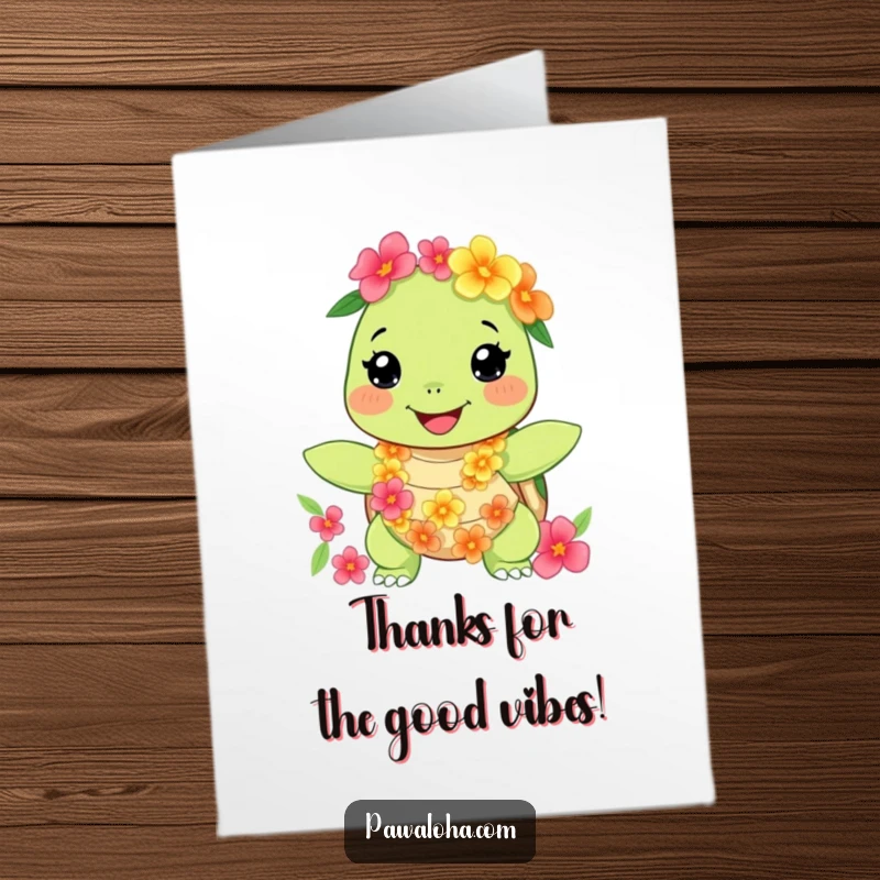 Funny Free Printable Turtle Thank You Card, a happy character wearing a floral lei and necklace, expressing thanks.