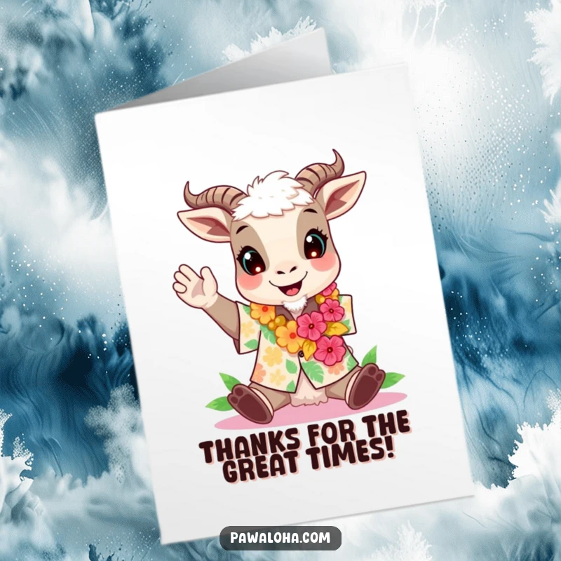 Funny free printable thank you card: A goat in an Aloha shirt and lei cheers, humorously expressing enthusiastic thanks.