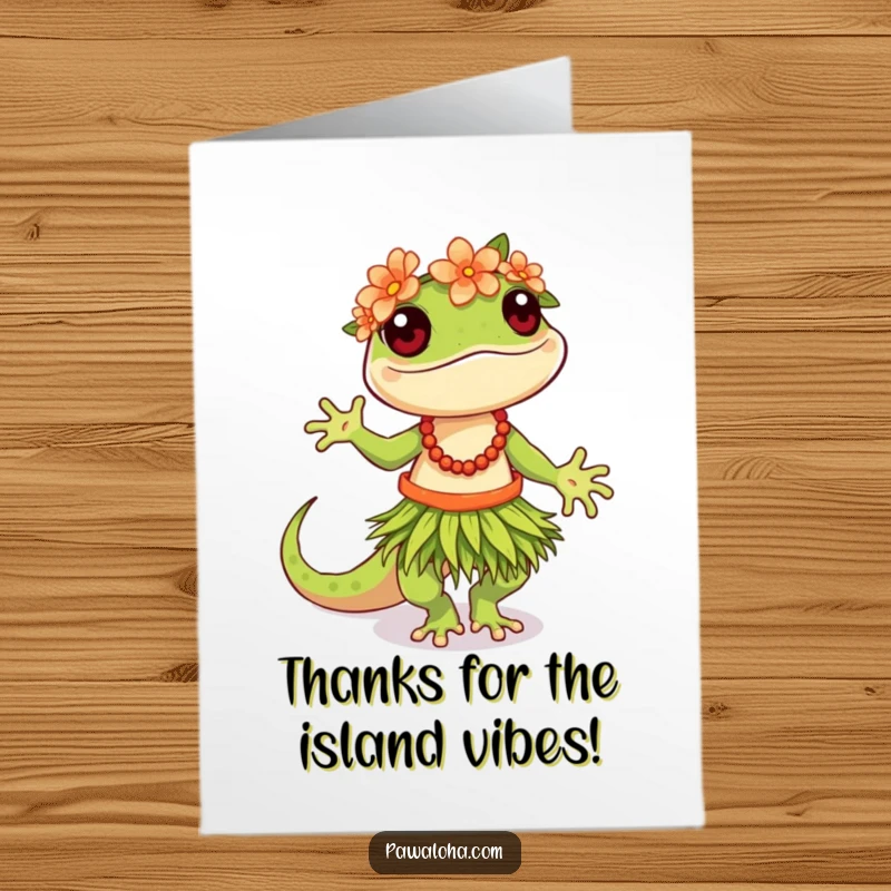 Funny Free Printable Thank You Card: A cheerful hula dancing gecko with flower crown, offering thanks with island flair.