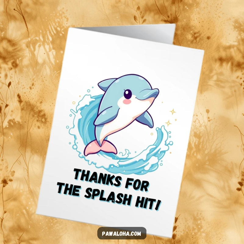 Funny Free Printable Dolphin Thank You Card: Playful dolphin leaping through a sparkling wave, expressing thanks. Downloadable art.