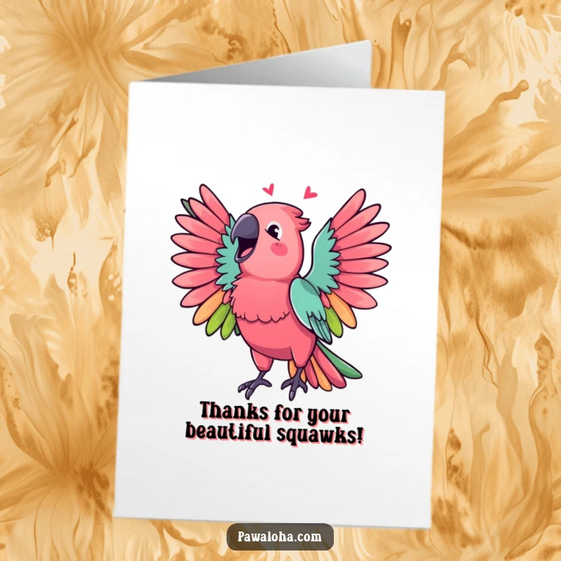Funny Free Printable Thank You Card with a vibrant parrot spreading its wings, singing a song of appreciation, a unique downloadable.