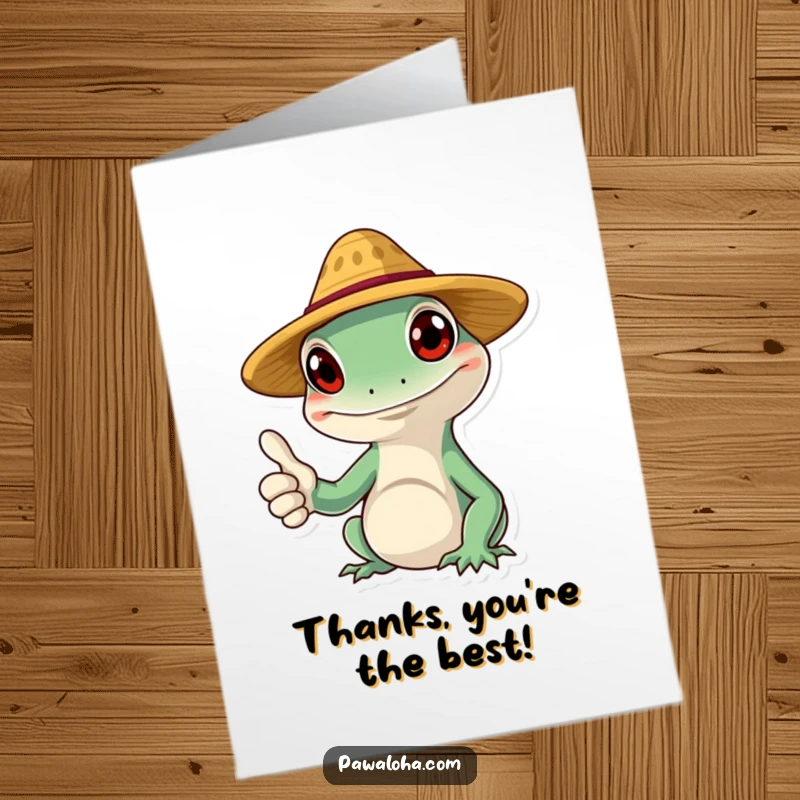Funny Free Printable Thank You Card: Smiling gecko character in a straw hat giving a thumbs up, expressing thanks, perfect DIY downloadable.