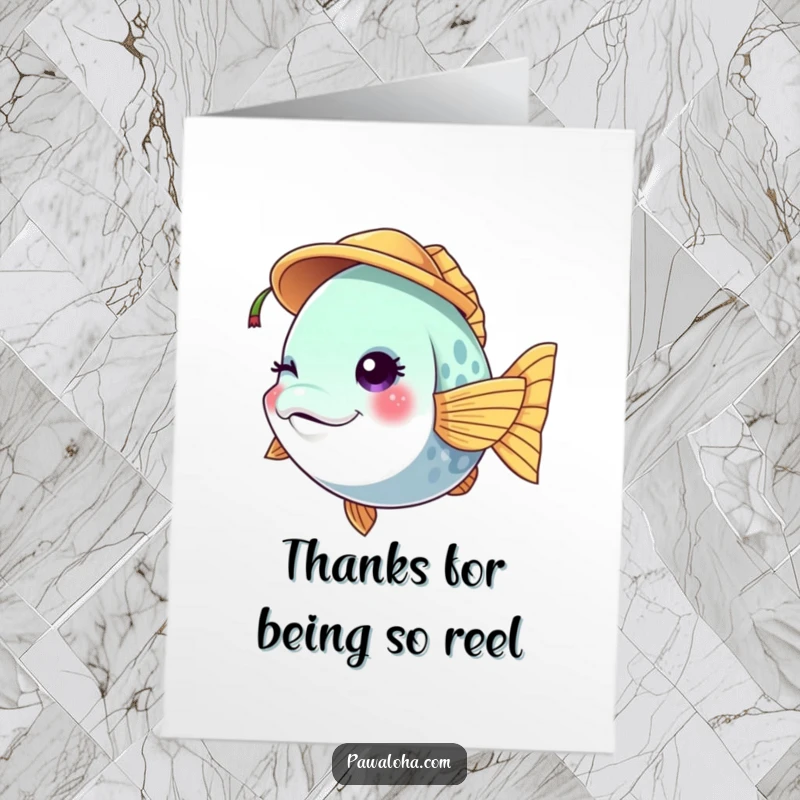 Funny Free Printable Thank You Card featuring a vibrant fish winking and wearing a coconut hat, sending thanks with personality.