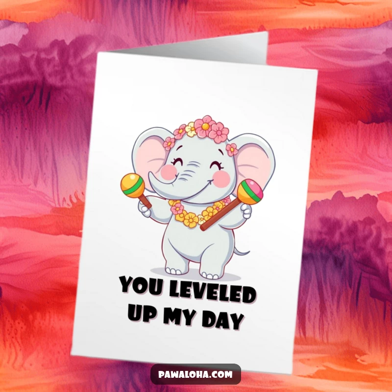 Funny free printable thank you card: A cheerful elephant wearing a flower garland shakes maracas, conveying immense thanks.