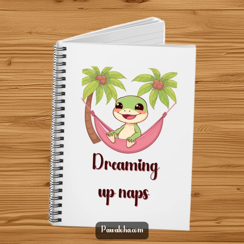 Funny gecko character relaxing in a hammock between palm trees, featured on this humorous notebook cover.