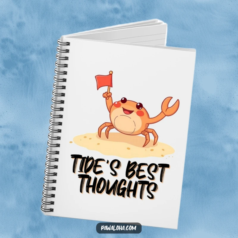 Funny crab notebook featuring a playful crab waving a tiny flag on a sandy shore, ideal for jotting down notes and beach memories.