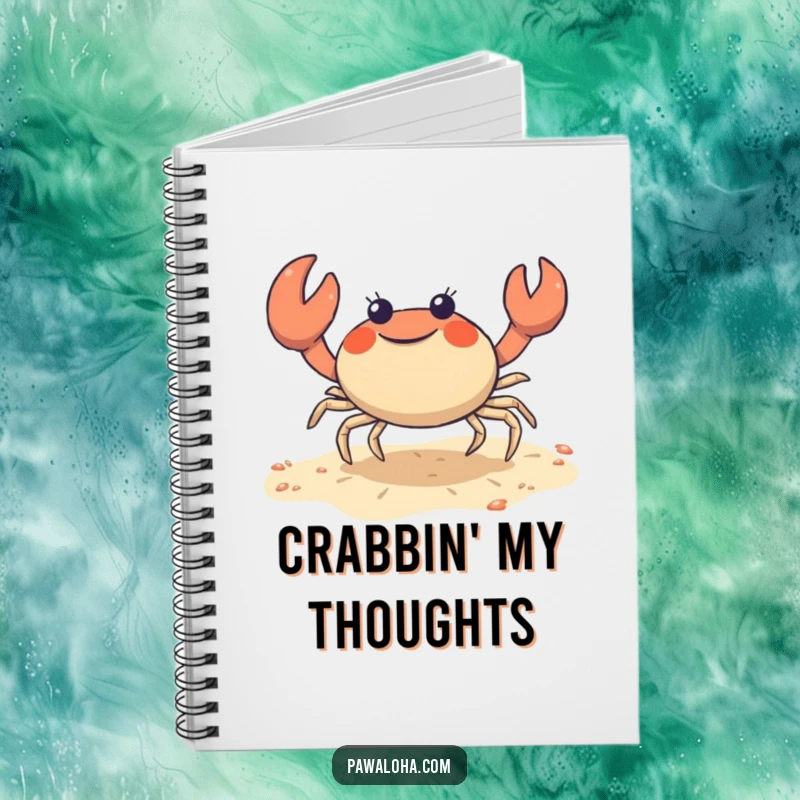 Funny crab notebook with a cute character joyfully doing a sideways shuffle on the sand, ideal for journaling.
