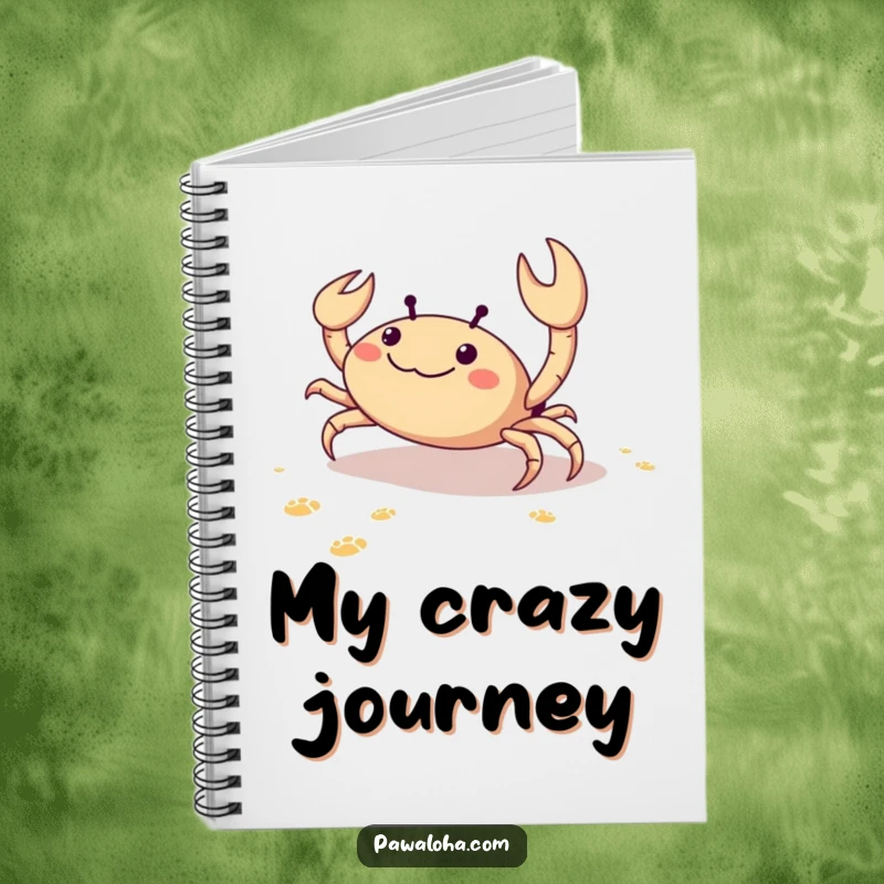 Funny notebook cover showcasing a delighted crab scuttling sideways on sand, leaving footprints, symbolizing joyful documentation.