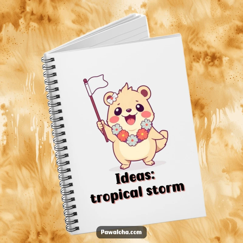 Funny notebook with a creature in a lei, enthusiastically waving a tiny flag, designed for jotting down humorous thoughts and ideas.