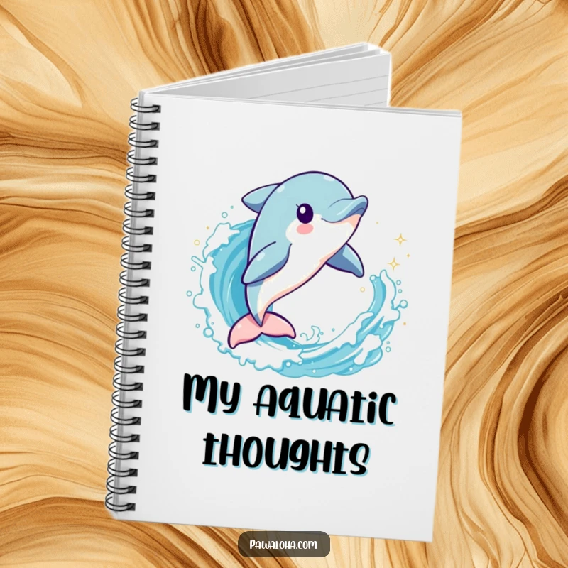 Funny dolphin character leaping through a sparkling wave on a notebook cover, inspiring aquatic creativity and note-taking.