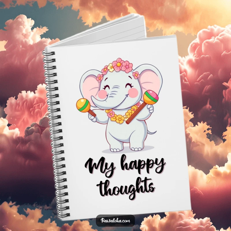 Funny Elephant Fiesta Notebook with a cover featuring a joyful elephant character wearing a flower garland and shaking maracas. Great for notes.