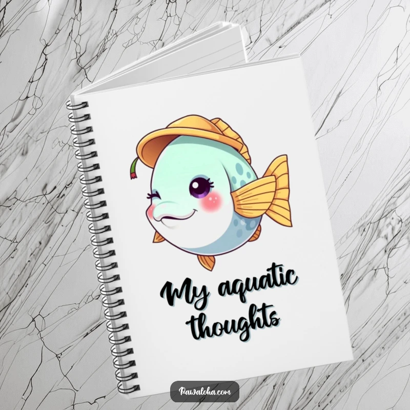 Funny vibrant fish character notebook winking while wearing a tiny coconut hat, perfect for journaling or notes.