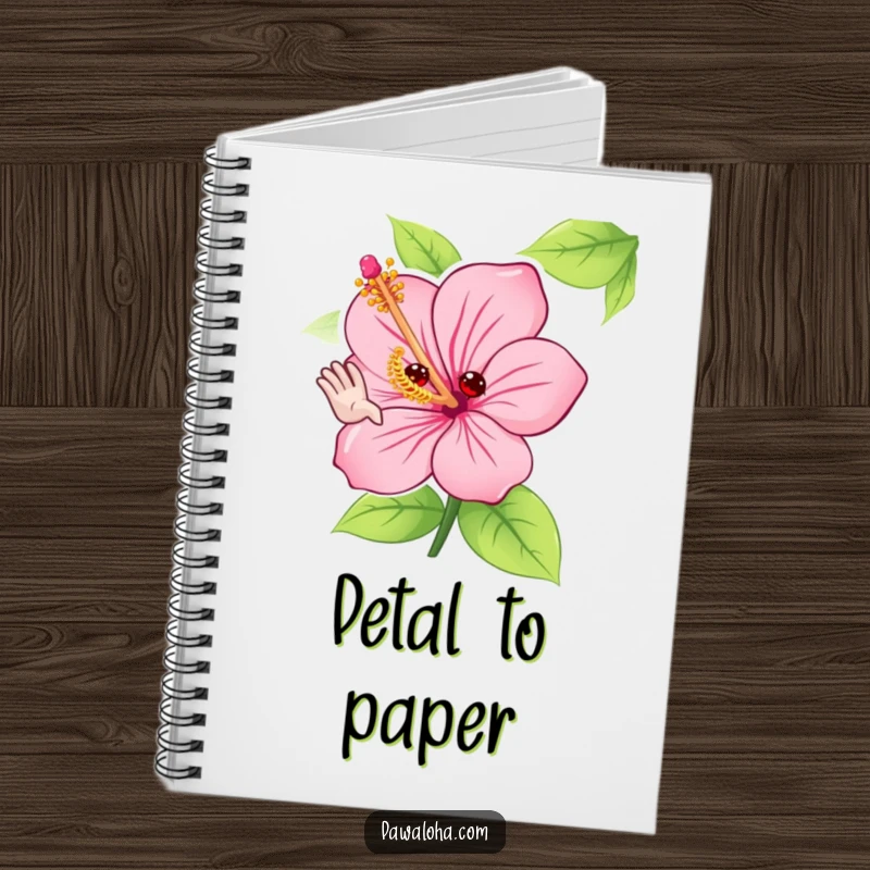 Funny hibiscus flower notebook with a cute character adorably waving hello with its petals, ideal for journaling and note-taking.