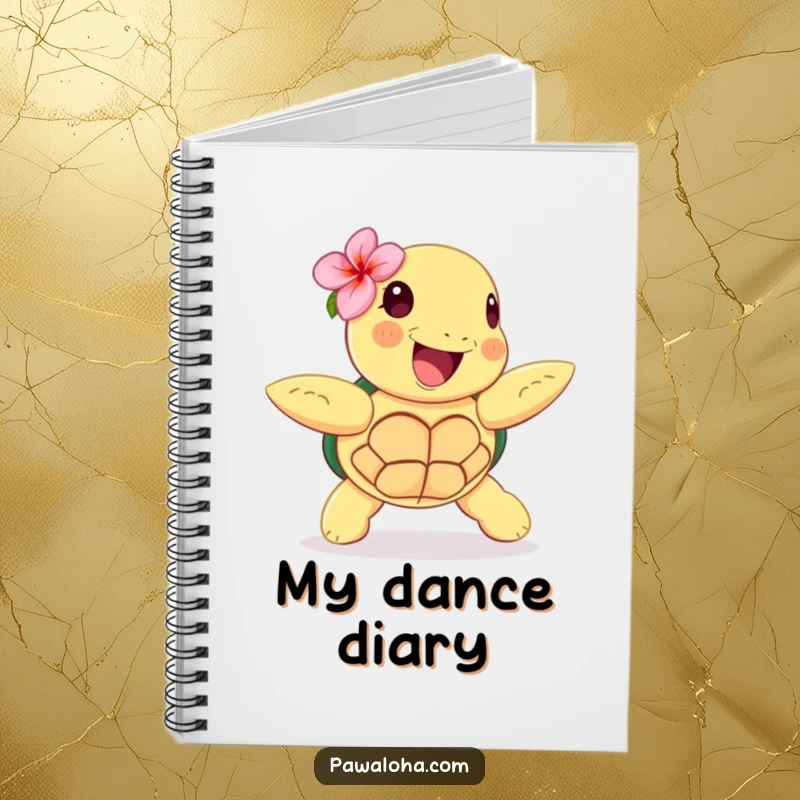 Funny notebook with a happy sea turtle wearing a flower, doing a hula dance, perfect for writing notes or plans.