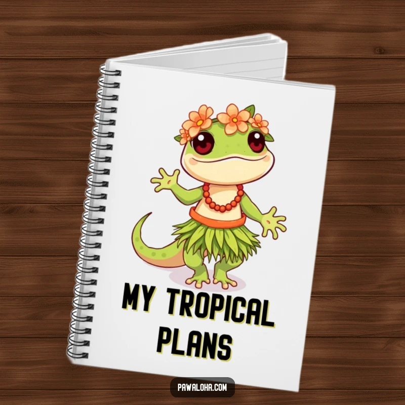 Funny Hula Gecko Notebook with a vibrant gecko dancing the hula, inspiring tropical and fun note-taking.