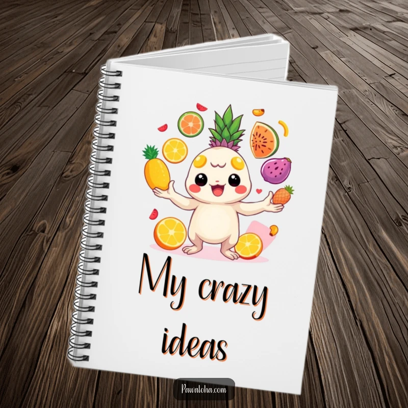 Funny creature juggling bright tropical fruits with cheerful energy on a notebook. Encourages colorful creativity and note-taking.