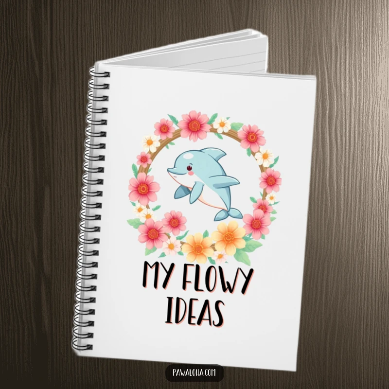 Funny Kawaii dolphin character leaping joyfully through a hoop of flowers, printed on the cover of a delightful notebook.