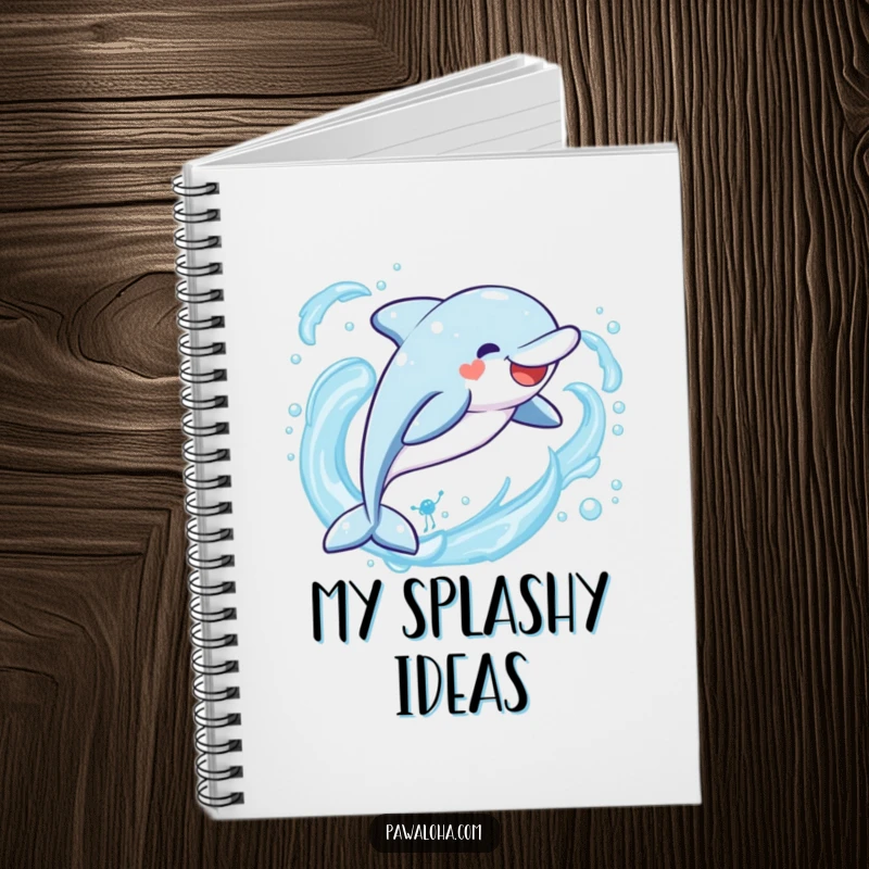 Funny Kawaii dolphin notebook, a cute character leaping joyfully through ocean waves, ideal for jotting down happy and humorous thoughts.