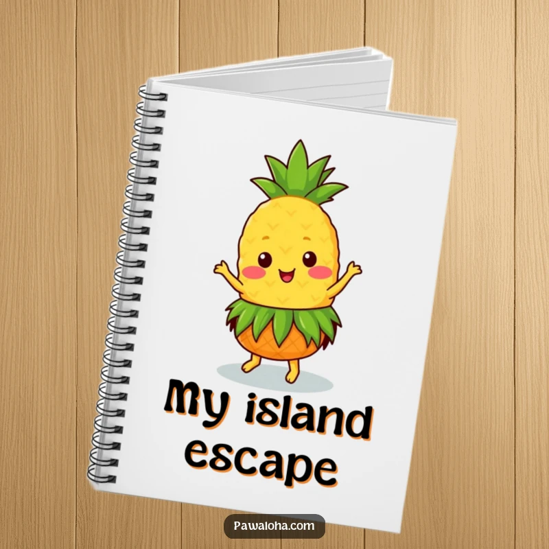 Funny Kawaii pineapple in a grass skirt, dancing happily on a notebook, perfect for planning trips.