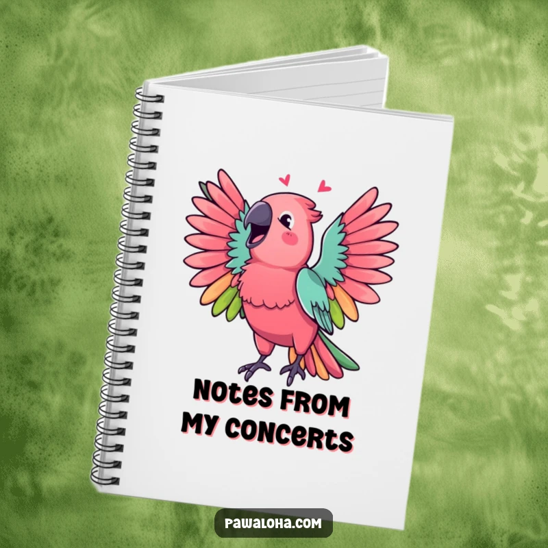 Funny Parrot Notebook featuring a vibrant parrot with wings spread, singing a cheerful melody, perfect for writing.