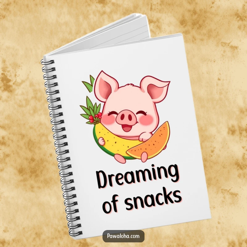 Funny notebook with a happy pig character grinning while holding a tropical fruit, ready to jot down notes.