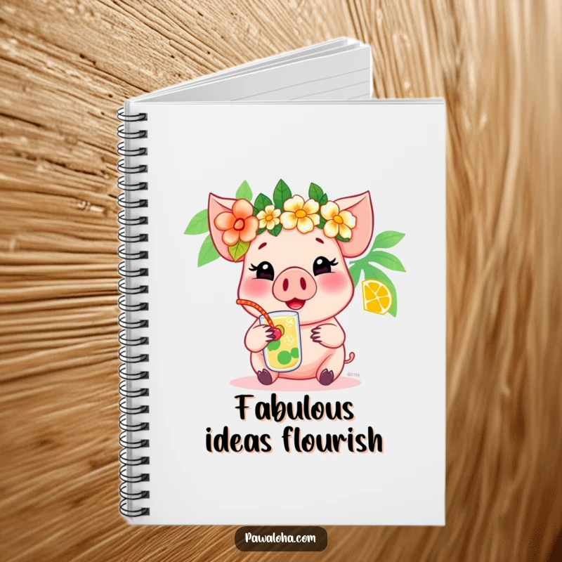 Funny pig notebook featuring a cheerful pig with a flower crown enjoying a tropical drink, ideal for jotting down vacation plans and ideas.