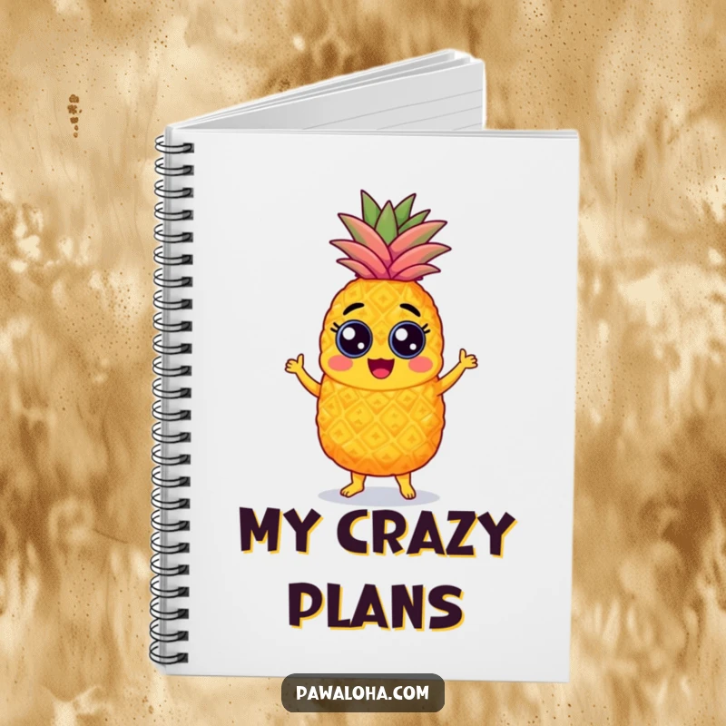 Funny pineapple notebook with googly eyes, energetically doing the samba, perfect for notes and creative ideas.