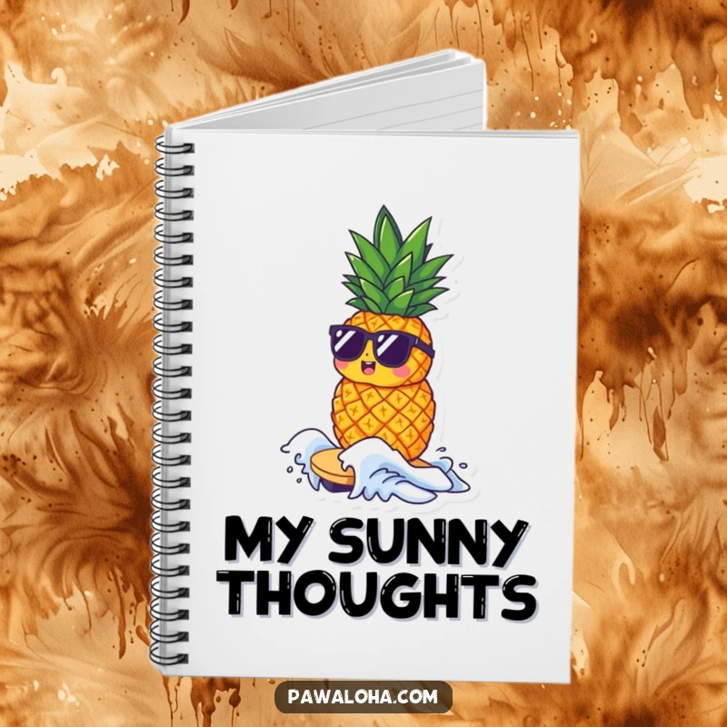 Funny notebook with a small pineapple character wearing sunglasses, riding a tiny wave, perfect for writing notes or plans.