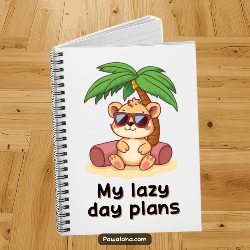 Funny animal wearing sunglasses, relaxing under a palm tree on a notebook. Encourages calm reflection and note-taking.